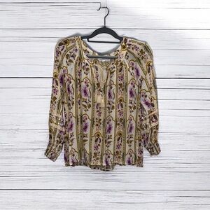 Jane Delancey Floral Top Blouse Size Small Tie Neck Long Sleeve Flowy Cottage